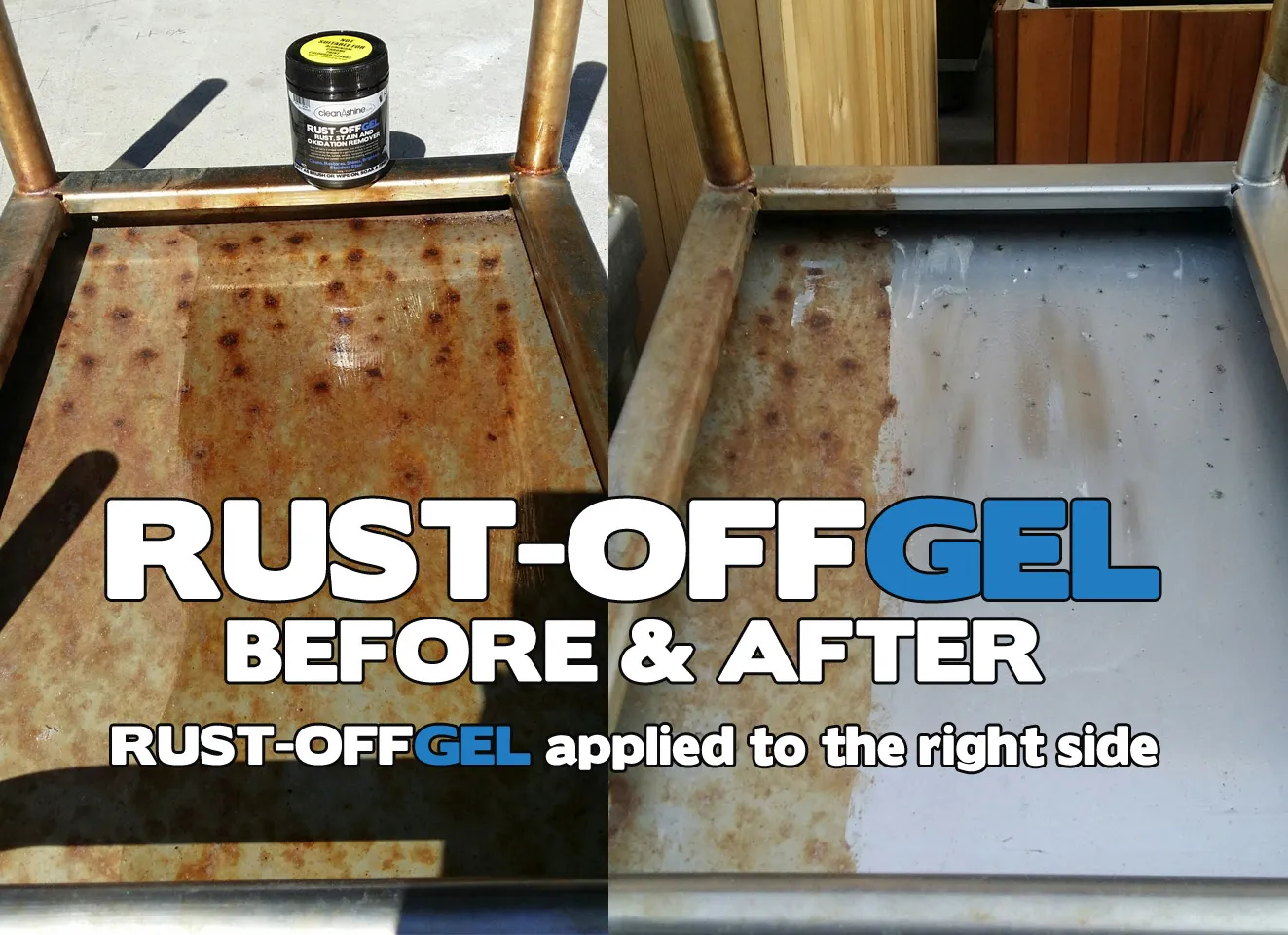 Steel panel half-treated with CFS RustOff Gel showing rust conversion in progress