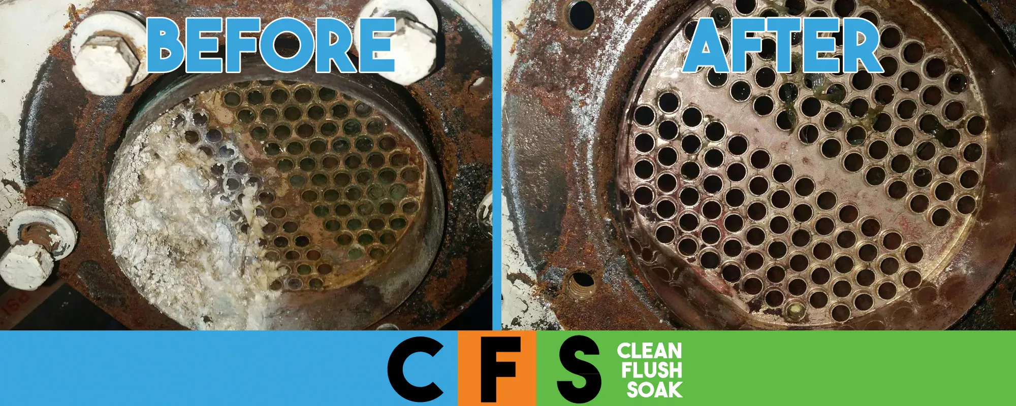 Before and after heat exchanger descaling with CFS Descaler